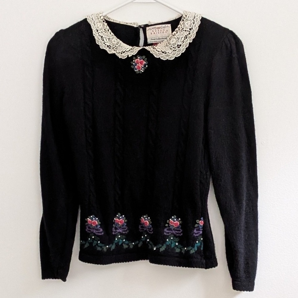 Vtg Susan Bristol XS/34 Black Lambswool Angora Embroidered Lace Collar Sweater